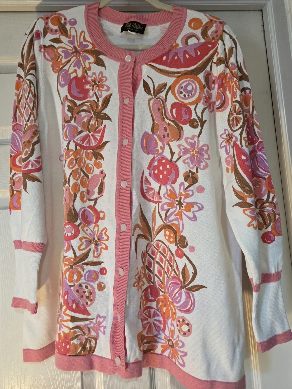 Bob Mackie White Cardigan Pink, Orange Floral Print Pink Ribbed Collar 1X